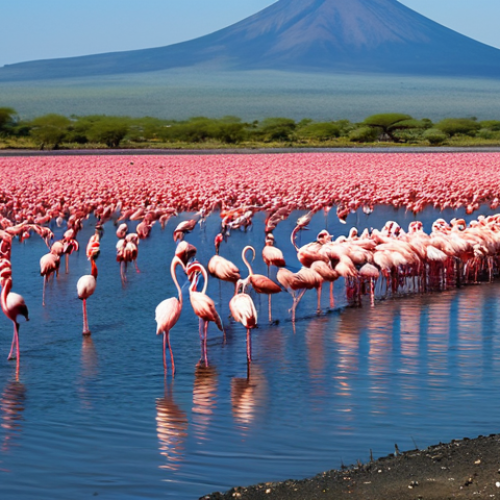 Home 4 Tanzanian Bird Paradise**
"A breathtaking view of Lake Natron, Tanzania, teeming with thousands of pink flamingos feeding in the shallow water, fully clothed birdwatchers in appropriate attire observing from a respectful distance, safe for work, perfect anatomy, natural proportions, professional wildlife photography, family-friendly, vibrant colors, clear sky, appropriate content."
**
