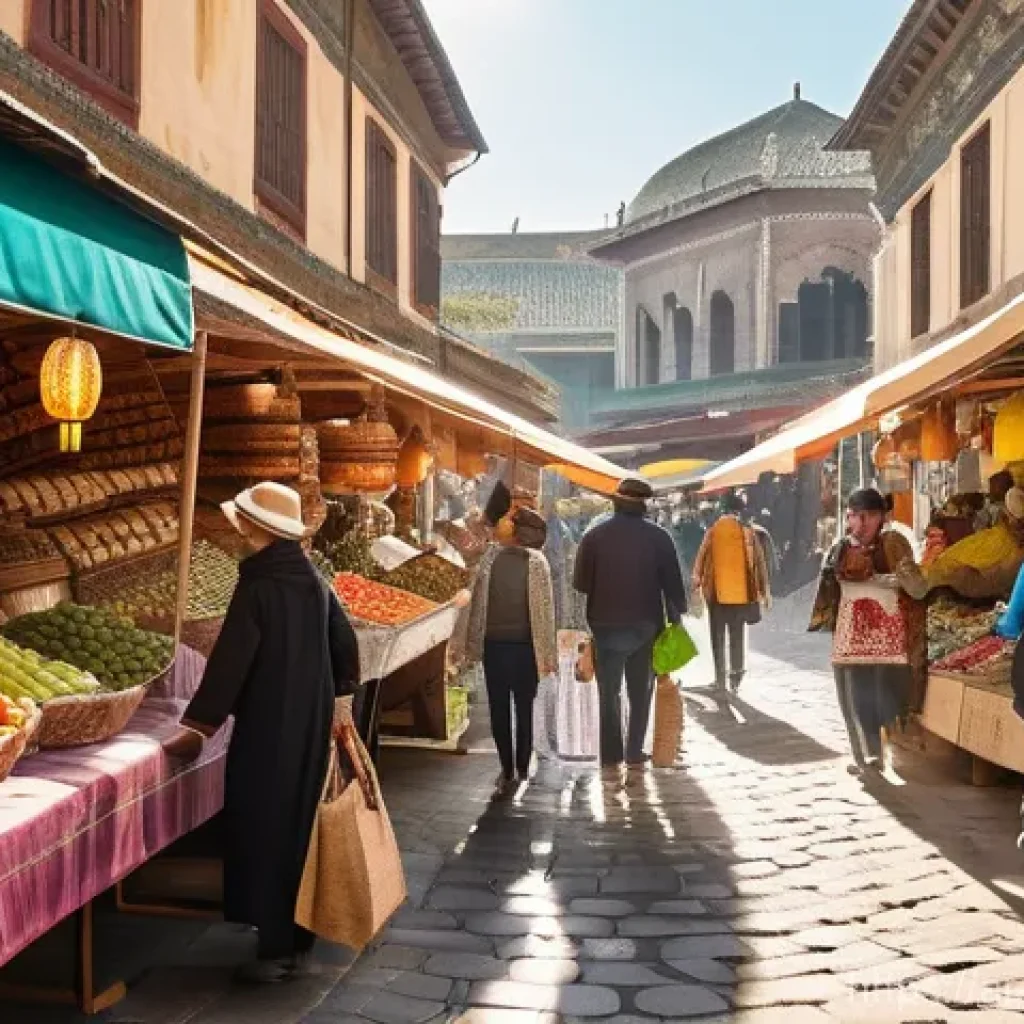 탄자니아로의 직항편 정보 - **"A bustling, vibrant open-air market scene during a sunny daytime. Diverse individuals of all ages...
