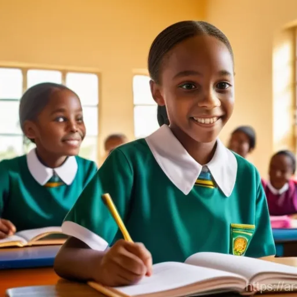 탄자니아 여성의 전통적 역할과 변화 - A group of cheerful young Tanzanian schoolgirls, aged 8-12, actively participating in a vibrant scie...