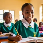 탄자니아 여성의 전통적 역할과 변화 - A group of cheerful young Tanzanian schoolgirls, aged 8-12, actively participating in a vibrant scie...