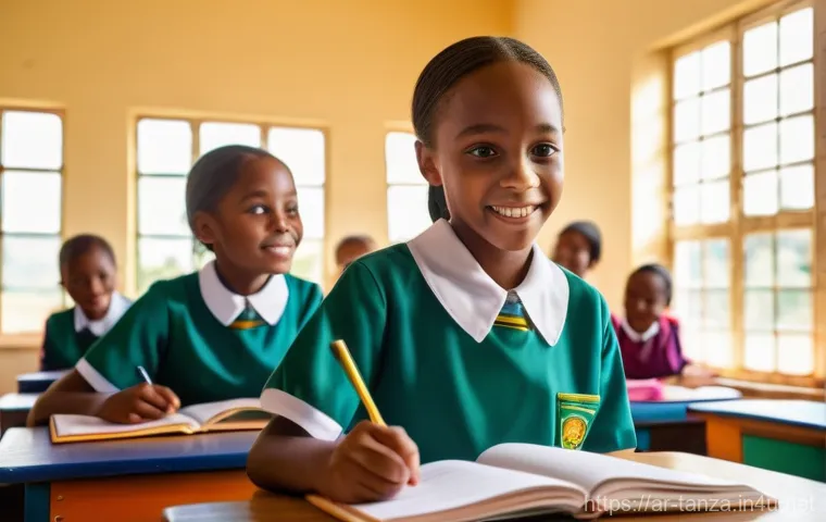탄자니아 여성의 전통적 역할과 변화 - A group of cheerful young Tanzanian schoolgirls, aged 8-12, actively participating in a vibrant scie...