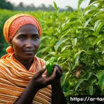 잔지바르 섬의 특산물 - A warm, golden hour light bathes a lush Zanzibari spice farm. A local woman, wearing a modest, brigh...