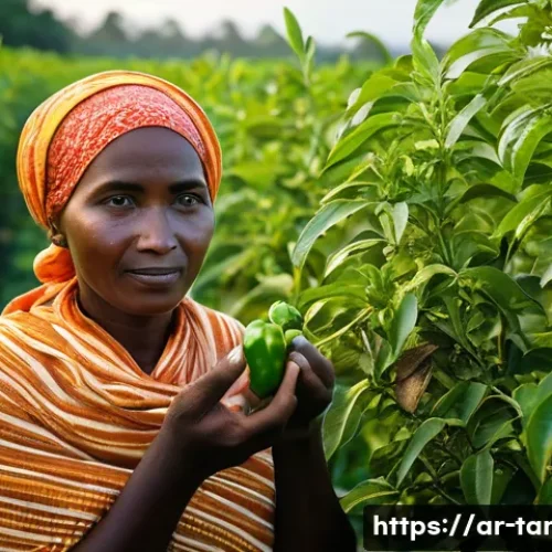 Home 8 잔지바르 섬의 특산물 - A warm, golden hour light bathes a lush Zanzibari spice farm. A local woman, wearing a modest, brigh...