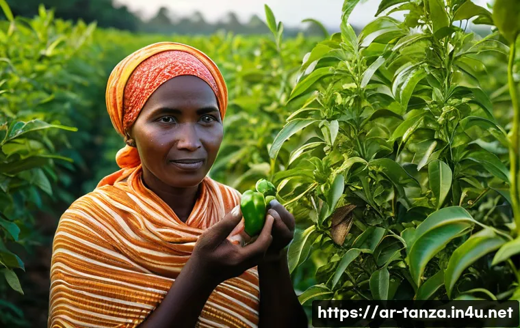 잔지바르 섬의 특산물 - A warm, golden hour light bathes a lush Zanzibari spice farm. A local woman, wearing a modest, brigh...
